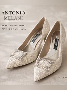 ANTONIO MELANI ivory pearl-embellished pointed-toe heels with crystal buckle